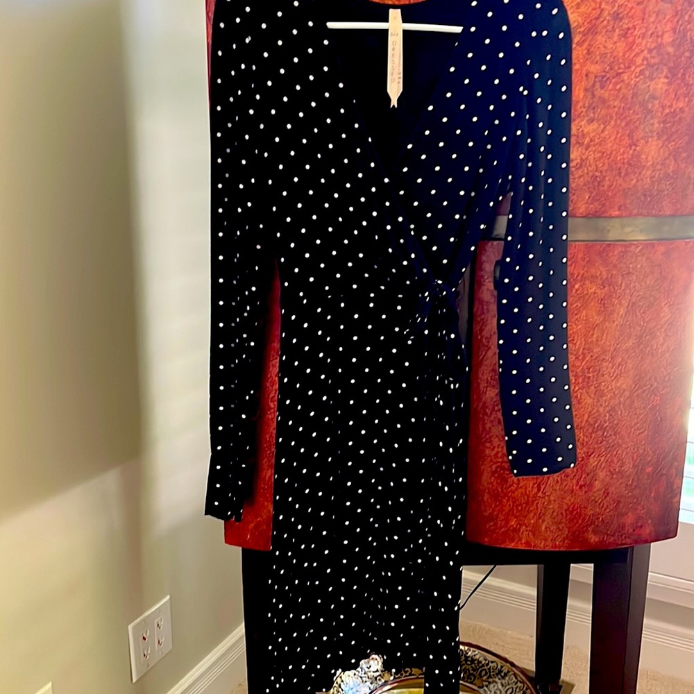 Navy and white polka dot wrap dress. Classic style